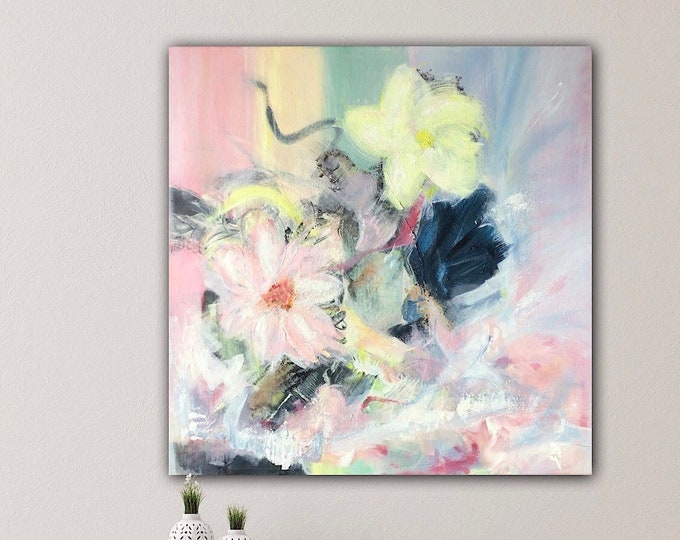 Wall painting abstract cheerful pink 60 x 60 cm acrylic on canvas wall decoration abstract floral original, Zen chakras picture flowers pastel light