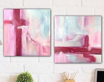 Duo of abstract acrylic canvas prints, small each 30 x 30 cm in cheerful colors pink blue lilia, painting set decoration trend abstract original art