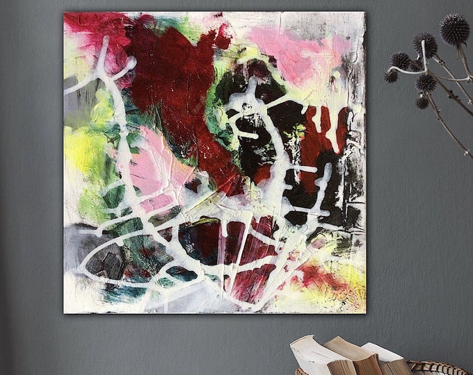 Colorful hand-painted abstract contemporary painting unique 40 x 40 cm, wall picture abstract modern painting, cheerful colorful joie de vivre art