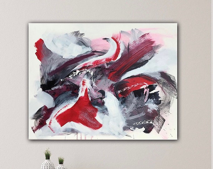 Red abstract original acrylic painting on canvas 56 x 70 cm, timeless red painting abstract, modern wall decoration, art minimalist red