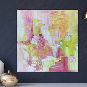 In love unique abstract painting acrylic canvas picture 40 x 40 cm, pink yellow modern art, hearts painting wall art, colorful painting abstract