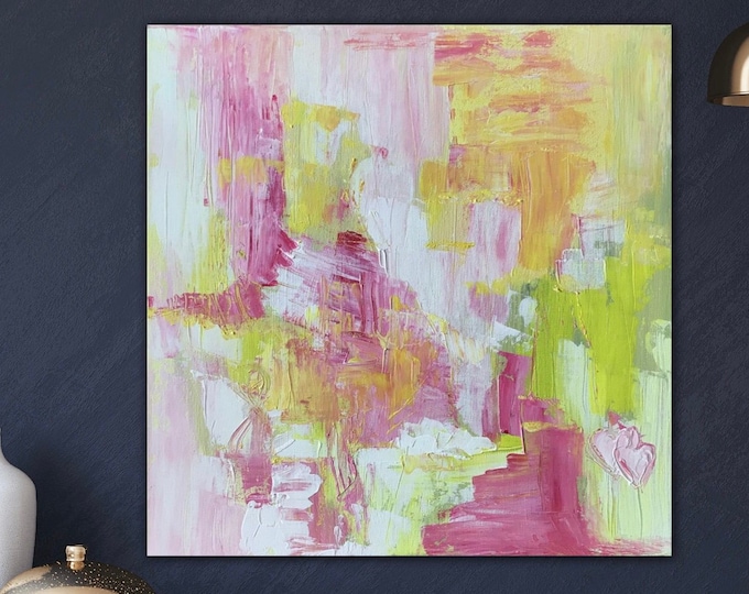 In love unique abstract painting acrylic canvas picture 40 x 40 cm, pink yellow modern art, hearts painting wall art, colorful painting abstract
