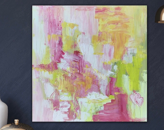 Unique abstract painting acrylic canvas picture 40 x 40 cm, pink yellow modern art, painting wall art, colorful painting abstract, contemporary