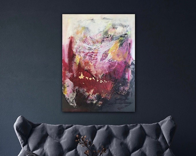 Unique 3D painting Phoenix abstract XL canvas mixed media, 3d structural paste acrylic and golden leaf metal, modern art hand-painted