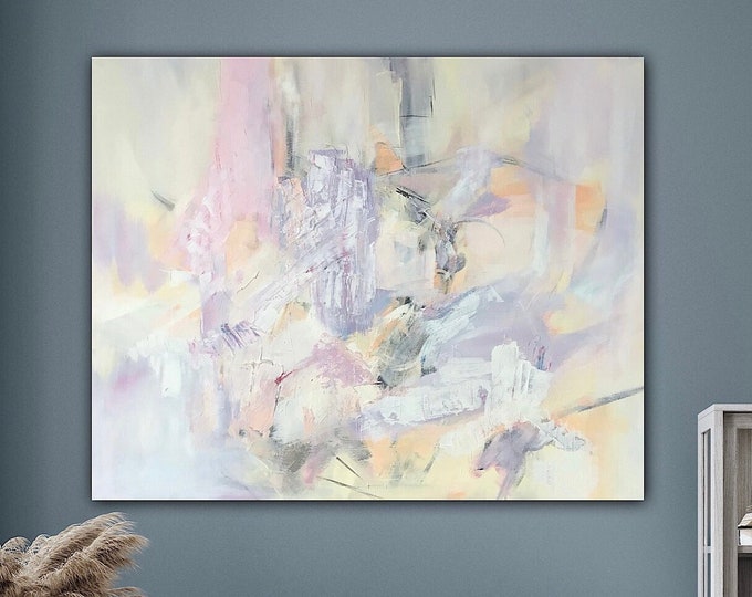 Large light pastel-colored original abstract painting, abstract boho picture, acrylic picture on canvas 60 x 76 cm, timeless decorative wall art