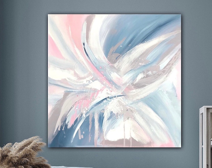 Large abstract original wall picture pastel colors 60 x 60 cm pink blue, abstract canvas painting modern angel wings decoration trend unique