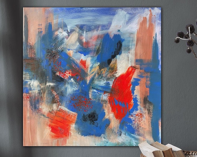 Large abstract modern wall picture in blue orange 60 x 60 cm, canvas picture abstract original picture, acrylic interior pictures large abstract colorful