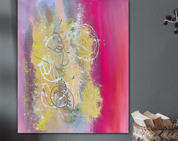 Unique wall picture abstract modern on canvas 50 x 60 cm, abstract original artwork "Golden Happiness", colorful abstract painting