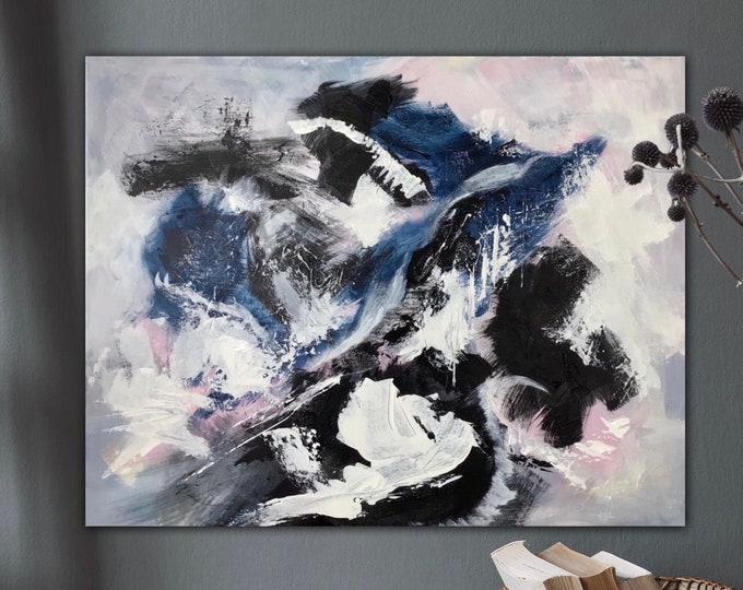 Acrylic painting blue abstract on canvas 56 x 70 cm, power animal dolphins modern wall decoration, abstract modern wall art, original painting blue