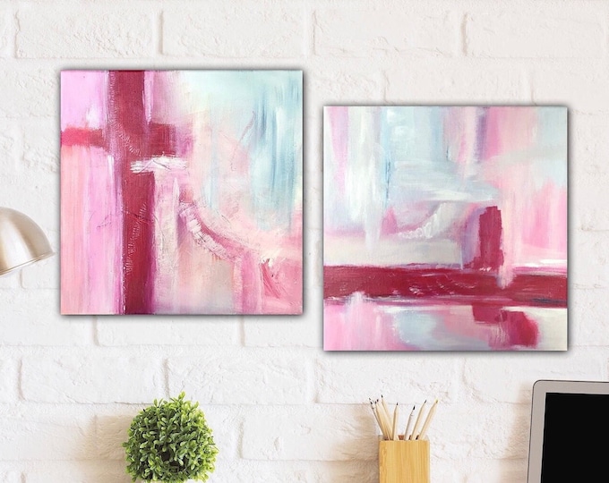 Unique duo canvas pictures acrylic abstract small 30 x 30 cm each in cheerful colors pink blue lily, modern art abstract set original art