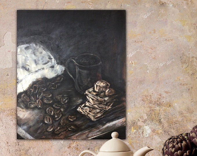 Coffee chocolate enjoyment picture mural unique on canvas 50 x 60 cm, mural decoration coffee kitchen dining room cafe restaurant painting