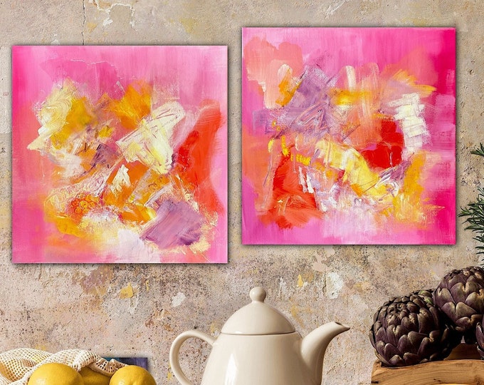 Acrylic painting abstract duo pink, original painting "Colors of Happiness" duo set hand-painted, colorful abstract picture, wall picture abstract duo colorful 60 x 30 cm