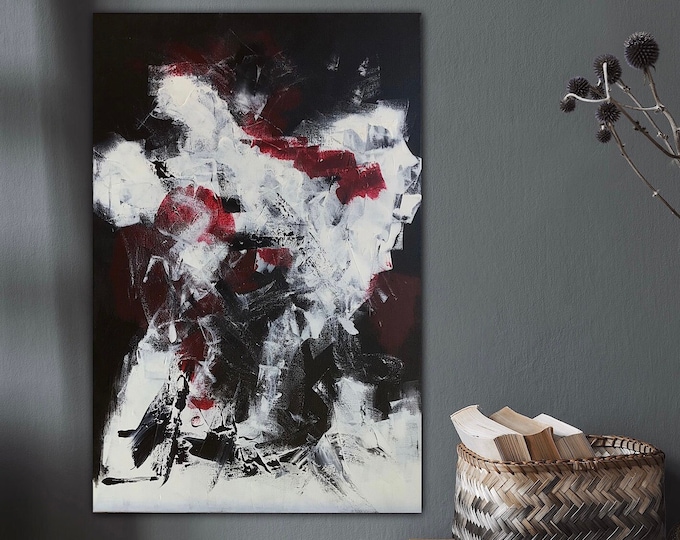 Wall picture modern abstract 40 x 60 cm black red white, abstract painting on canvas dark colors, minimalist timeless work of art