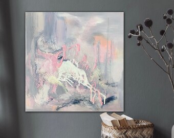 Timeless abstract picture in acrylic on canvas 50 x 50 cm, modern wall decoration cheerful, trend art painting abstract original gray pink