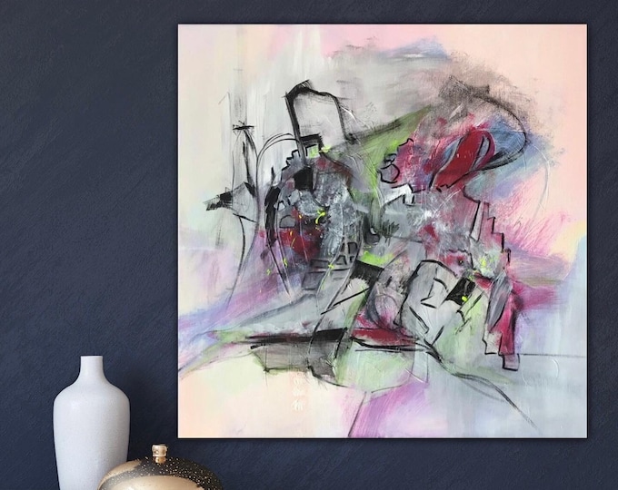 Large abstract work of art contemporary painting 60 x 60 cm original wall picture acrylic on canvas pastel colors, painting current events