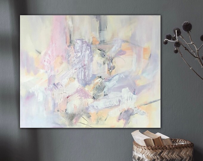 Large bright pastel colored original abstract painting, boho abstract picture, acrylic painting on canvas 60 x 76 cm, timeless decorative wall art