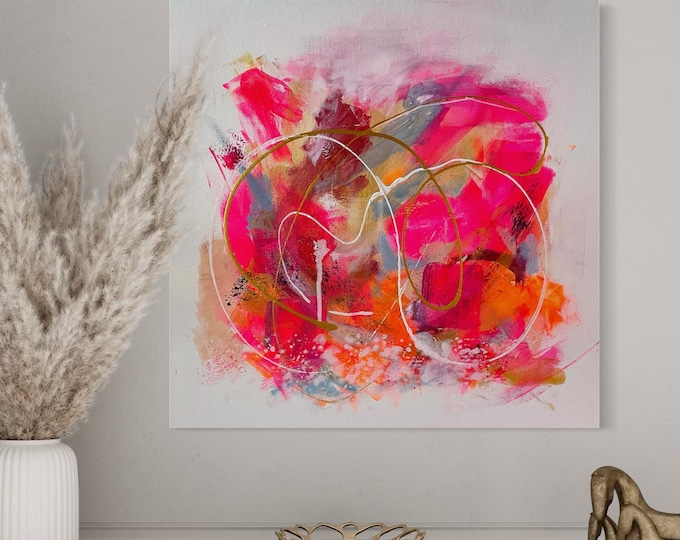 Abstrakte Malerei farbenfroh modern, Original Kunstwerk 40 x 40 cm auf Leinwand in pink, orange