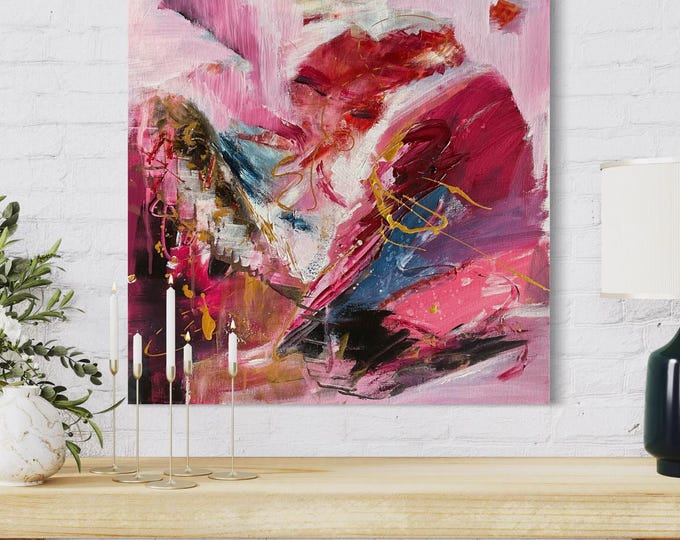 Unique canvas picture abstract "Golden Garden - an oasis of happiness" 40 x 40 x 2 cm, abstract art modern, gold red pink picture abstract