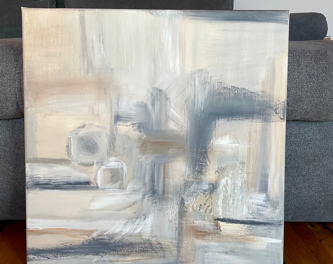 Unique painting abstract beige grey modern 50 x 50 cm, modern artwork boho, wall picture abstract hand-painted, contemporary painting