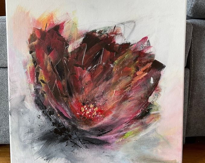 Original canvas painting “Golden Lotus” in acrylic with beautiful colors and golden highlights 50 x 50 cm, mystical hand-painted unique piece