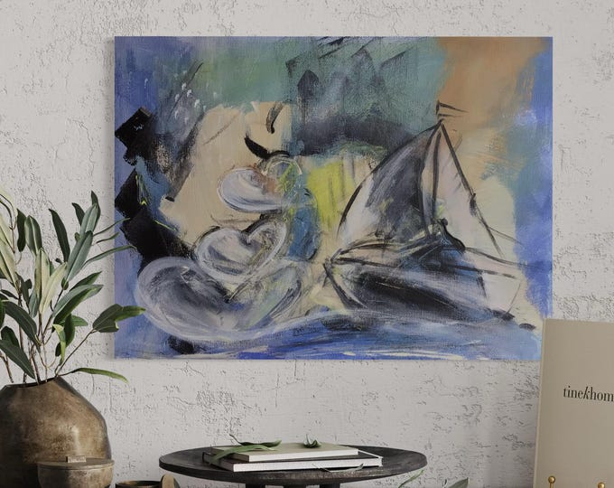 Ship pinboard magnet canvas painting hand-painted, canvas pinboard 40 x 30 cm love hearts ship painting, painting blue decoration picture heart