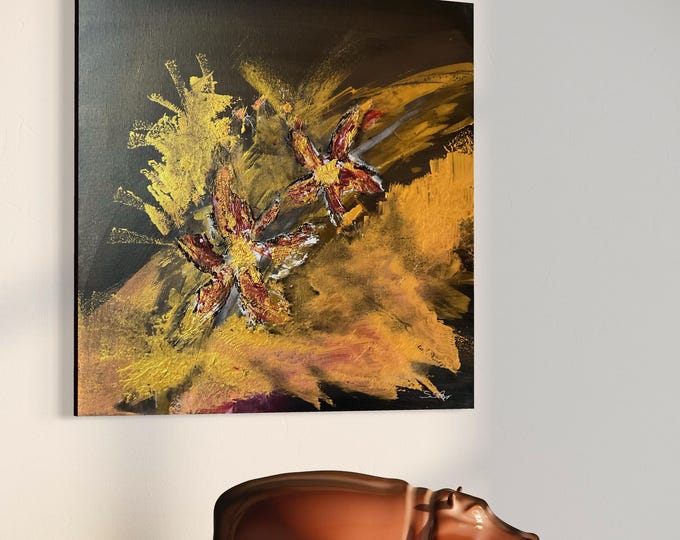 Gold-colored semi-abstract flower painting with 3 d effect 40 x 40 cm, canvas picture timelessly elegant, abstract floral unique picture hand-painted