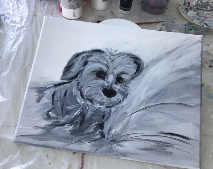 Animal painting acrylic Yorkie dogs, original animal portrait, wall decoration painting dog lover gray, small dog 28 x 36 cm wall art, animal painting