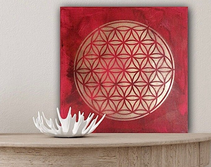 Small flower of life original picture joy of life red gold 30 x 30 cm, flower of life picture strong red colors decoration, red flower of life