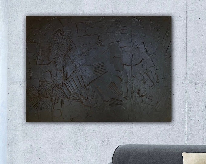 Abstract structure painting black elegant 50 x 70 cm, modern black structure painting on XL canvas abstract, modern painting abstract