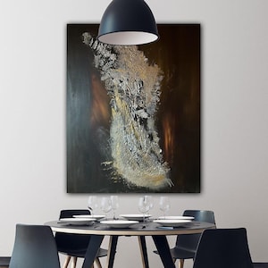 Modern abstract 3d structure picture elegant 80 x 100 x 4.5 cm, abstract art unique with gold and silver tones in XL hand-painted