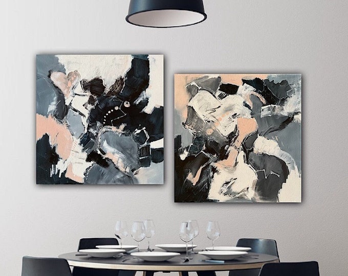 Unique duo canvas pictures set acrylic 100 x 50 cm painting, modern art trend abstract pictures blue black apricot, interior design painting