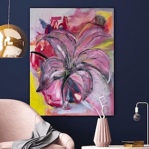 XL Original Lily Painting Acrylic, semi-abstract floral painting yellow pink, unique floral wall art lily, modern red and yellow floral painting