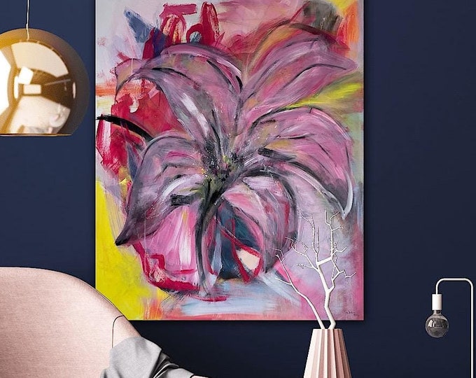 XL Original lily picture acrylic semi abstract bright colors on canvas, flower picture lily unique decoration trend, colored wall picture modern flower