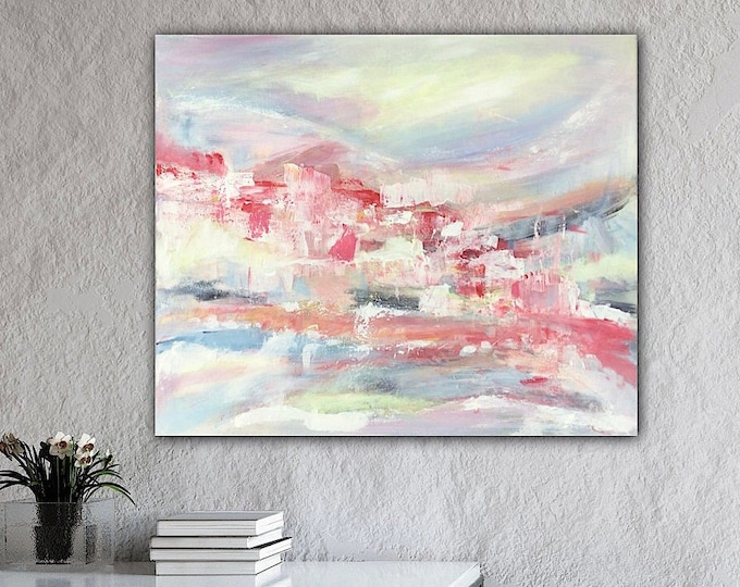 Unique wall picture on canvas abstract large colored 70 x 60 cm, modern art summer abstract, painting light red wall decoration abstract modern