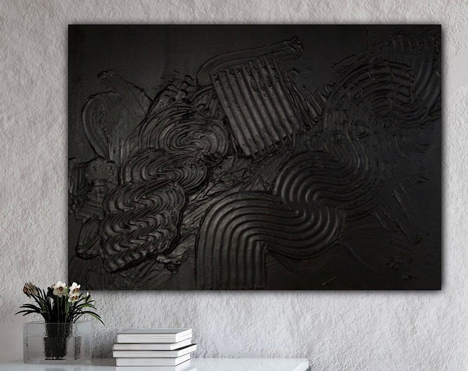 Mural Abstract 3D Art Black with Textured Paste, Modern Trend Painting 50 x 70cm Black Wall Art Deco Structure, Abstract Image