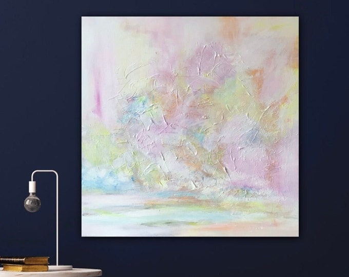 Large abstract picture 60 x 60 cm, modern painting cheerful colorful wall decoration, unique in acrylic on colored canvas, pink painting decoration trend