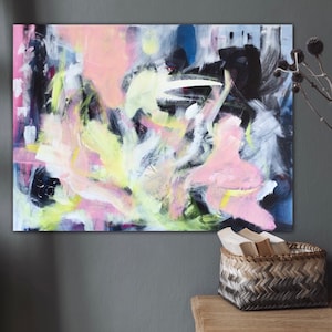 Large modern original canvas painting abstract 80 x 60 cm in acrylic, strong cheerful colors, modern abstract art wall picture blue pink