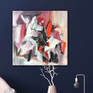 Large grey orange abstract picture colorful on canvas 60 x 60 cm, modern wall decoration strong color modern wall art, gift trend, unique