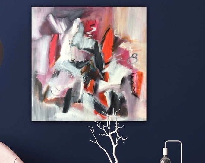 Large grey orange abstract picture colorful on canvas 60 x 60 cm, modern wall decoration strong color modern wall art, gift trend, unique