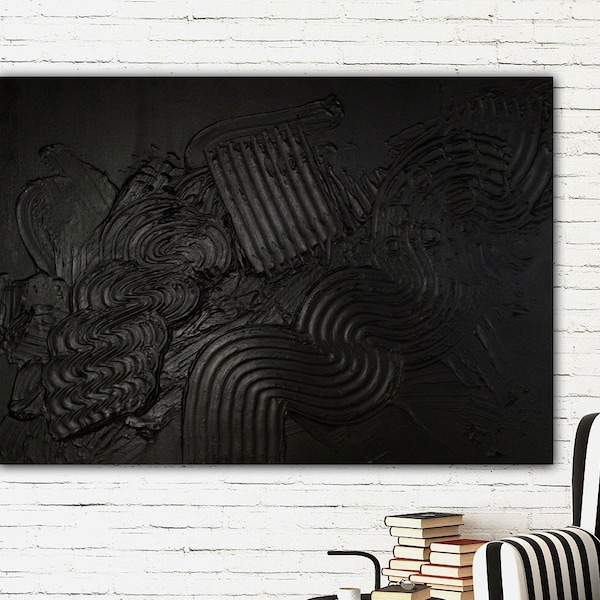 Wall picture abstract 3D art black with structure paste, modern trend painting 50 x 70 cm black wall art decoration structure, structure picture