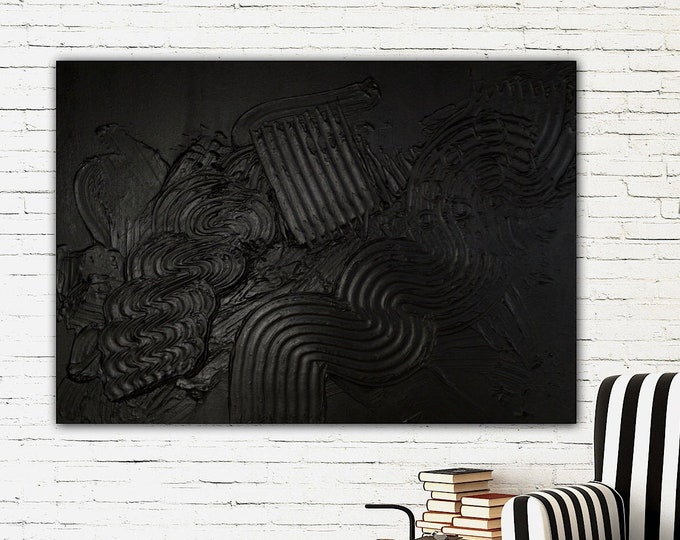 Wall picture abstract 3D art black with structure paste, modern trend painting 50 x 70 cm black wall art decoration structure, structure picture