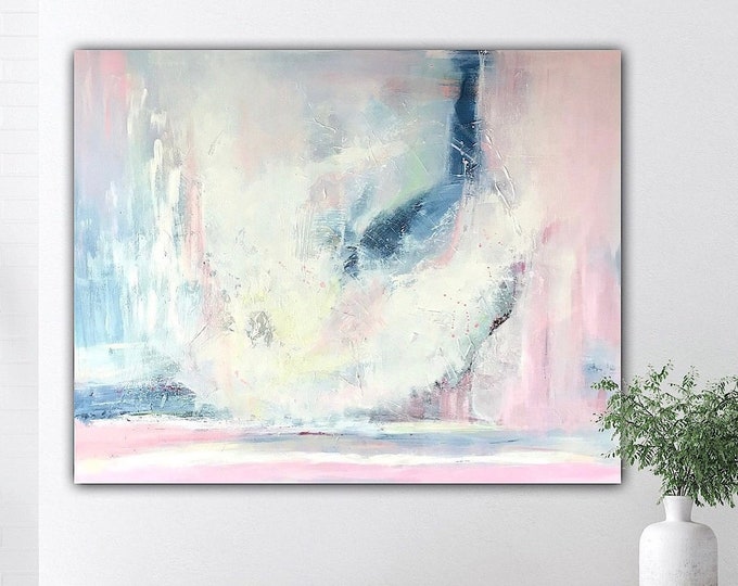 XL large abstract art modern in pastel colors, 80 x 100 cm painting wall decoration, bright cheerful colors canvas picture original pink