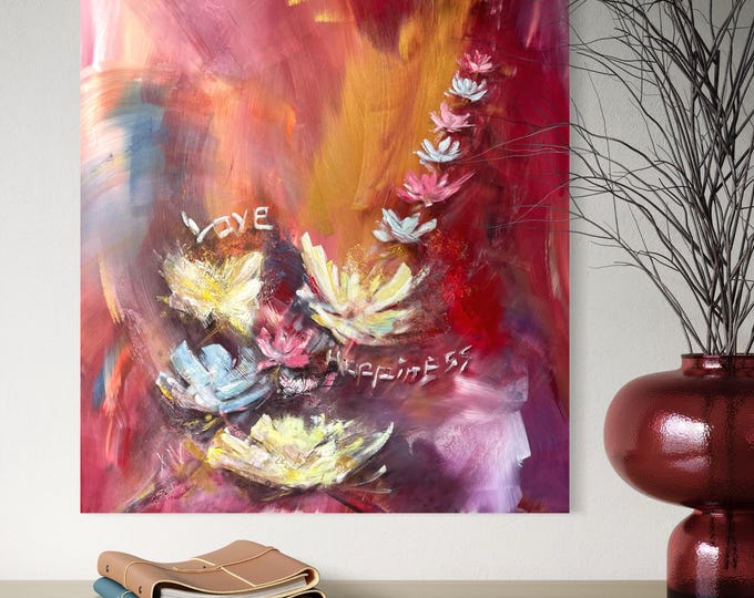 Original abstract hand-painted floral canvas painting, large red painting 100 x 80 x 2 cm, timelessly elegant art, modern floral painting