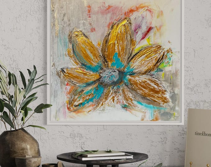 Modern floral canvas picture in 3d "Golden Power - Joy of Life in Color & Structure, Unique Flower Picture 40 x 40 x 2 cm abstract elegant