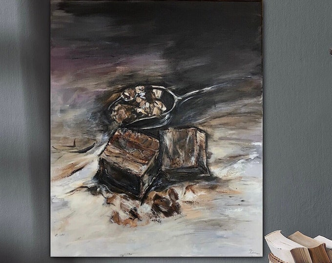 Unique painting on canvas in acrylic and structural paste chocolate 50 x 60 cm, wall picture decoration sweets modern contemporary painting