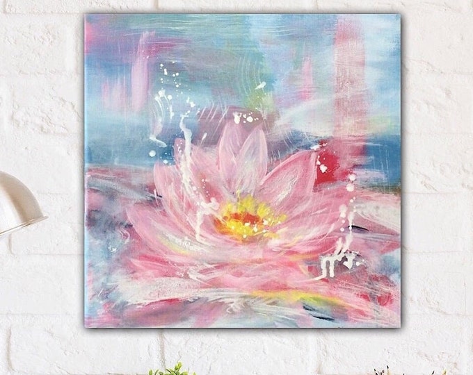 Lotus blossom original picture on canvas small 30 x 30 cm hand painted, lotus blossom decor wall decoration acrylic, home decor unique painting nature