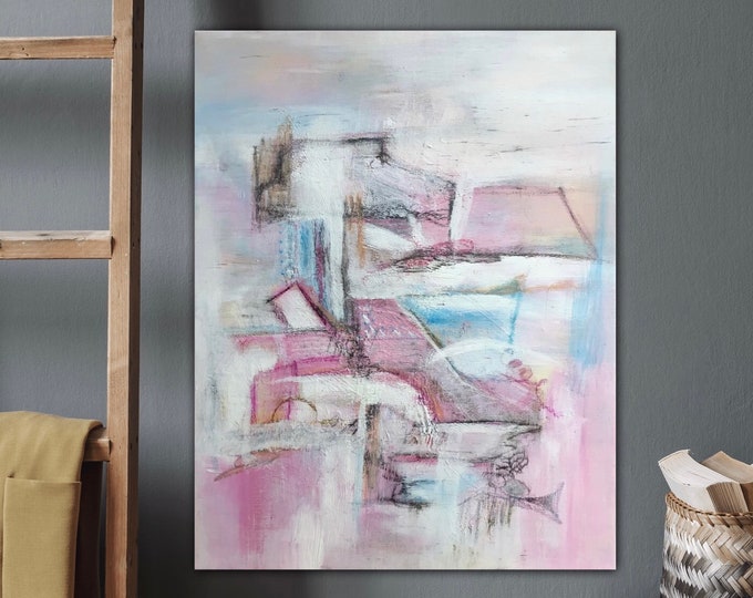 Large picture of pastel colors modern abstract in acrylic on canvas 56 x 71 cm, unique picture wall decoration blue gray pink, colorful wall decoration timeless