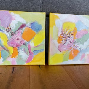 Duo paintings, yellow and green &quot;Lucky Stars&quot; on canvas, modern art, unique pieces, 60 x 30 cm, abstract lucky pictures, modern interior design set