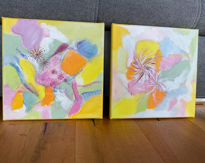 Duo painting yellow green "Lucky Stars" on canvas, Modern art unique pieces 60 x 30 cm Duo, lucky pictures abstract, Modern interior design set