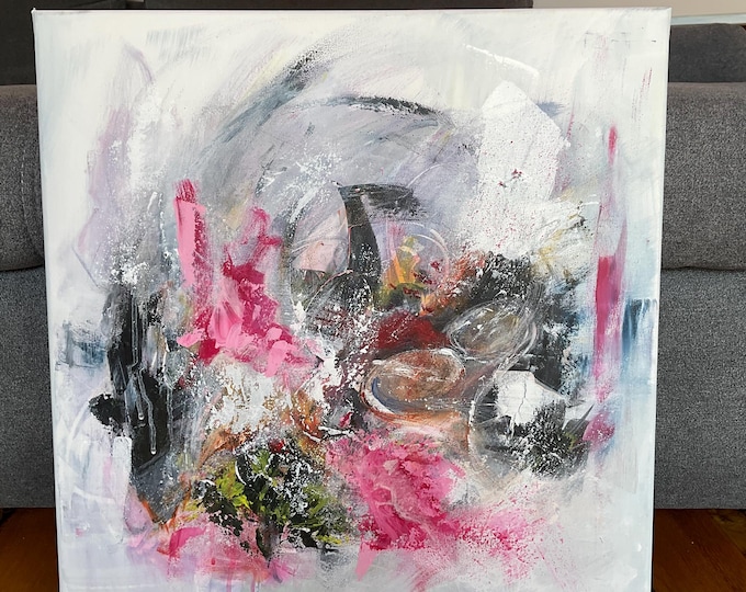 Abstract picture pink grey, modern art "Pulsating Happiness", canvas picture abstract unique painting colorful, 50x50x 2 cm modern art hand-painted